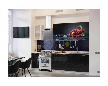 Кухня МДФ 2000 с фотопечатью Ягоды (Черный металлик, Белый)