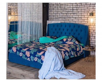 Мягкая кровать "Stefani" 1600 синяя с подъемным механизмом с орт.матрасом АСТРА