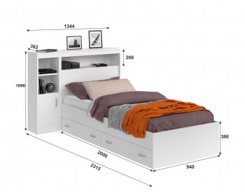 Кровать Виктория белая 90 с блоком, 1 тумбой и ящиками