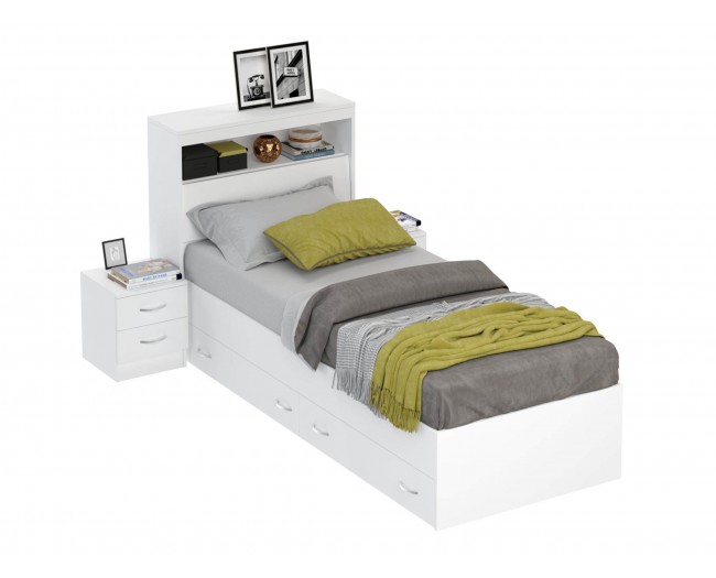 Кровать Виктория белая 90 с блоком, ящиками и 2 прикроватными ту фото