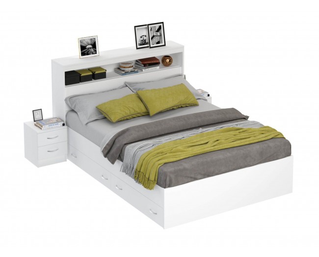 Кровать Виктория белая 140 с блоком, ящиками и  и 2 прикроватным фото