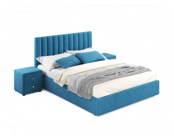 Мягкая кровать с тумбами Olivia 1600 синяя с подъемным механизмом