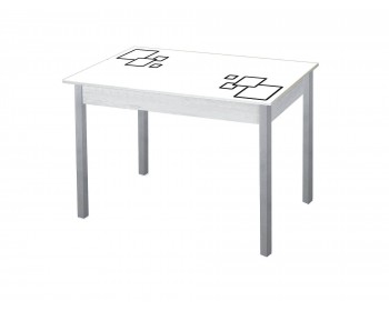 Стол обеденный Альфа фотопечать /бетон белый Квадраты на белом / опора квадро  серебристый металлик