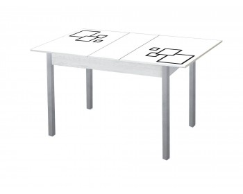 Стол обеденный Альфа фотопечать /бетон белый Квадраты на белом / опора квадро  серебристый металлик