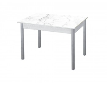 Стол обеденный Альфа фотопечать / бетон белый Белый мрамор / опора квадро серебристый металлик