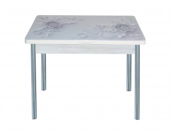 Стол обеденный поворотно раскладной фотопечать Симпл / бетон белый Цветы на сером / опора круглая серебристый металлик