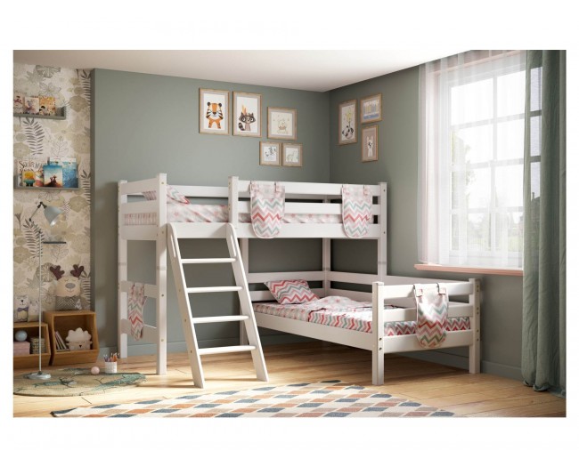 Кровать Соня (вариант 8) угловая с наклонной лестницей, белый фото