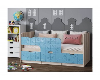 Детская кровать Юниор-9, 80х160 (Голубой металлик, Ясень шимо светлый)